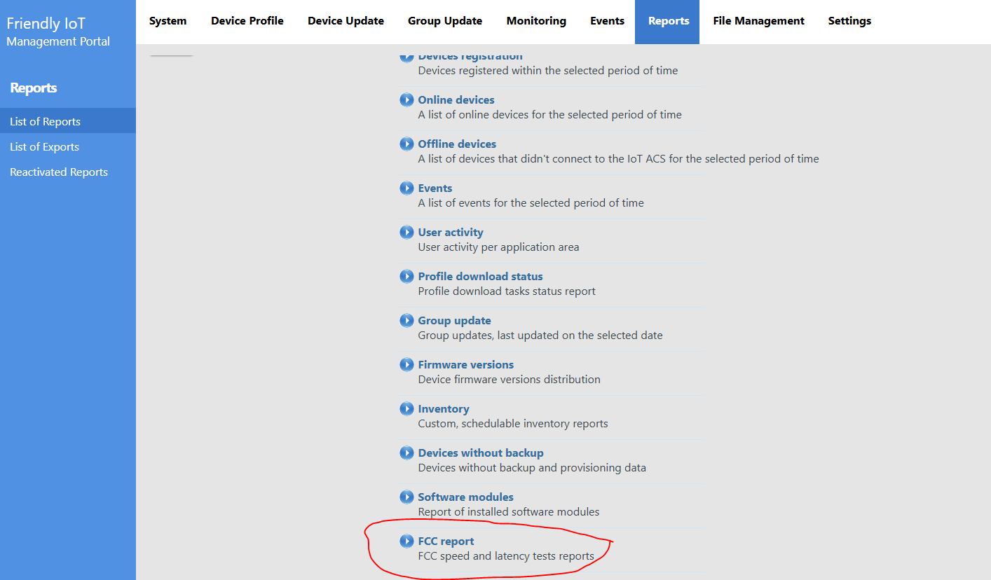 New FCC report type in the Reports menu