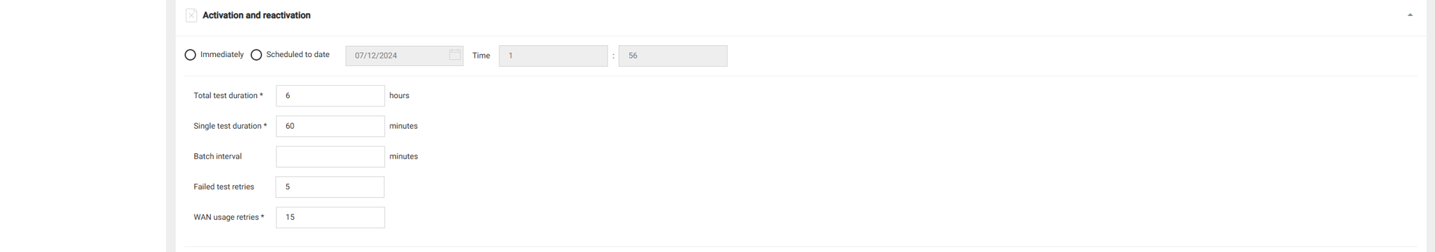 Speed test edit form - activation settings
