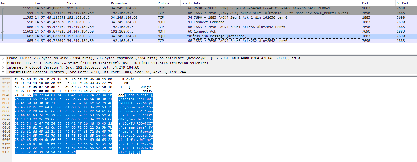 TCP level dialog showing MQTT connection handshake and data exchange