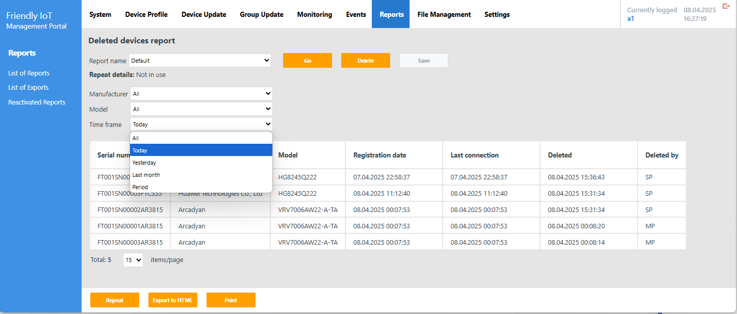 Deleted devices report list with filtering options