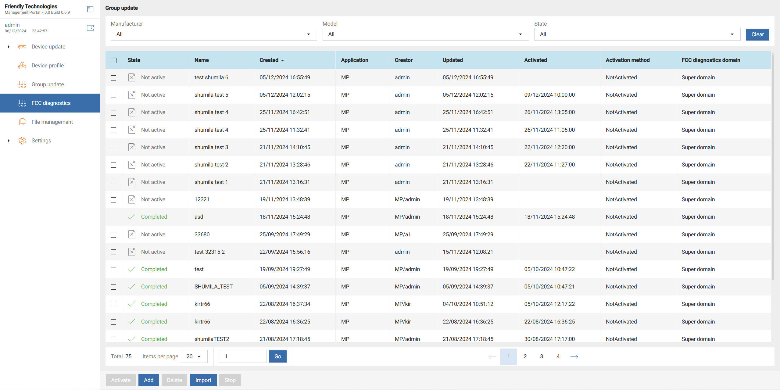 FCC test list view showing all diagnostic tests