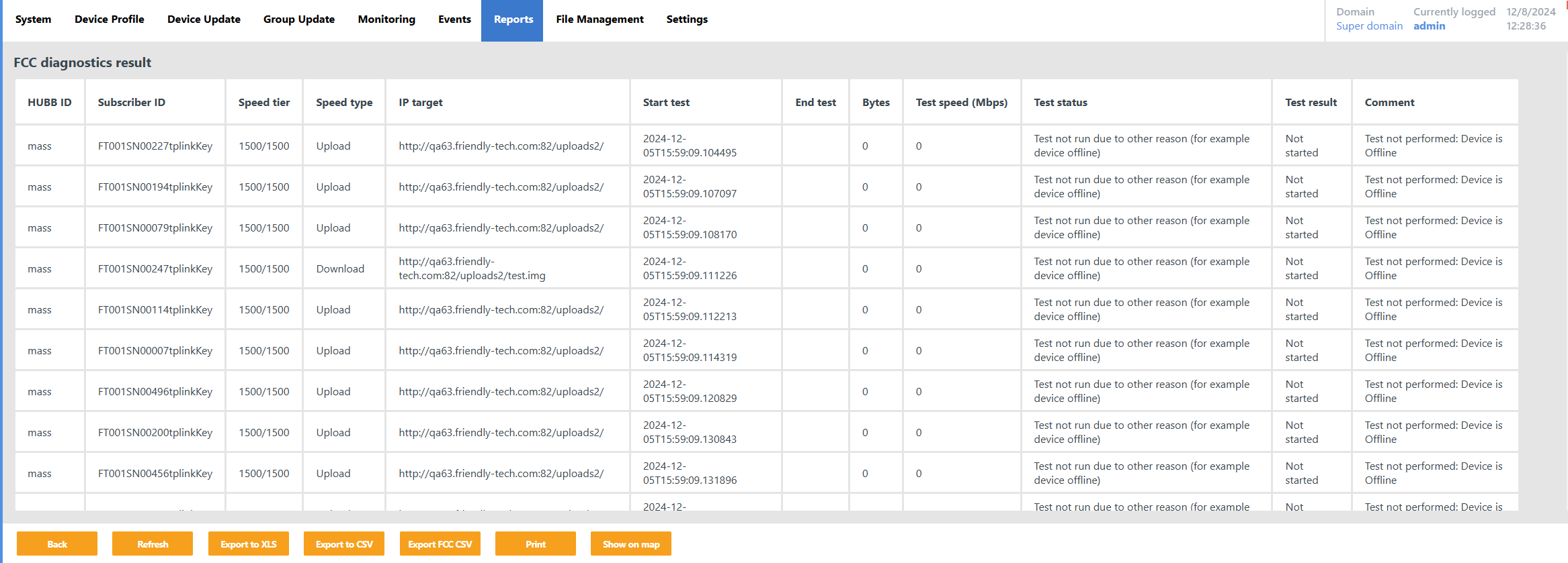 FCC diagnostics result view showing per-device test metrics