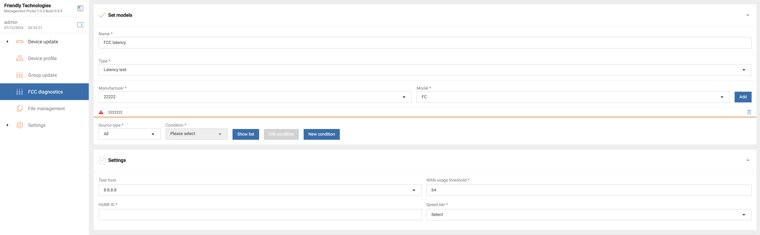 Latency test edit form - general settings