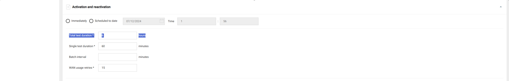 Latency test edit form - activation settings