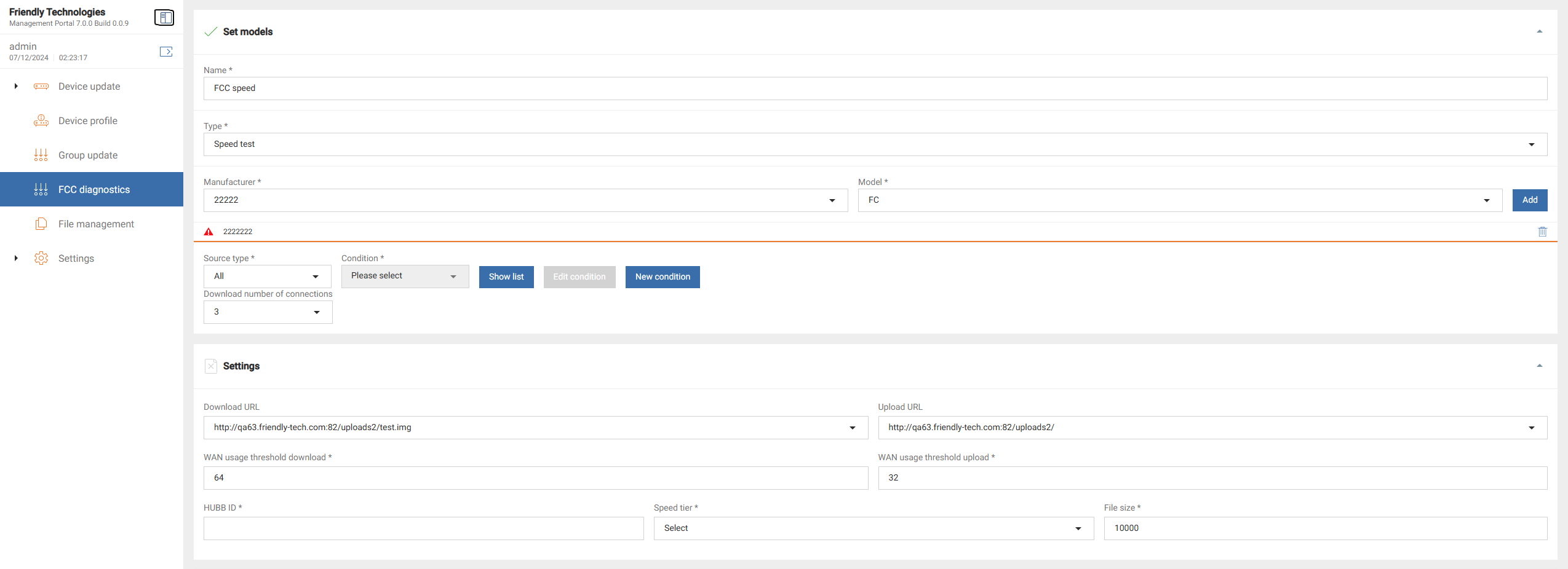 Speed test edit form - general settings