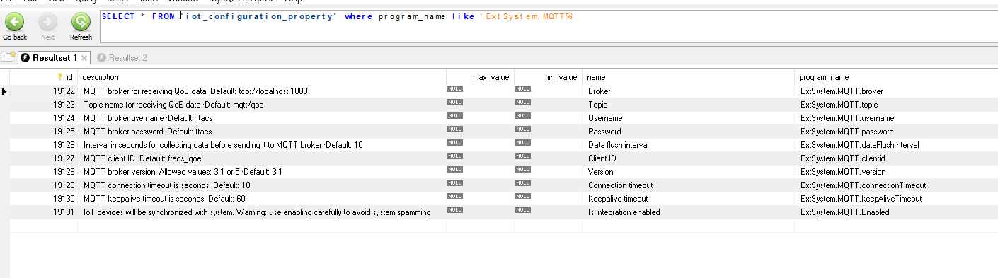 Database configuration properties for MQTT data streaming