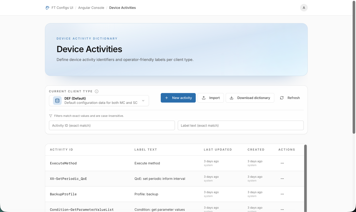Device Activities: list, details, and import dry-run (placeholder)