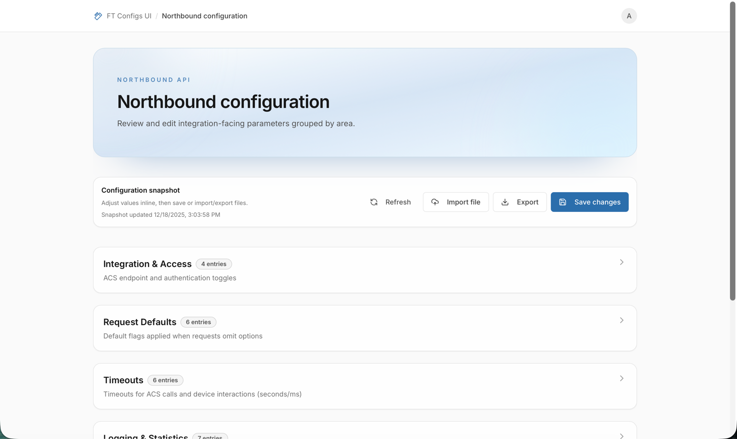 Northbound Config: groups, editor, and dry-run import dialog (placeholder)