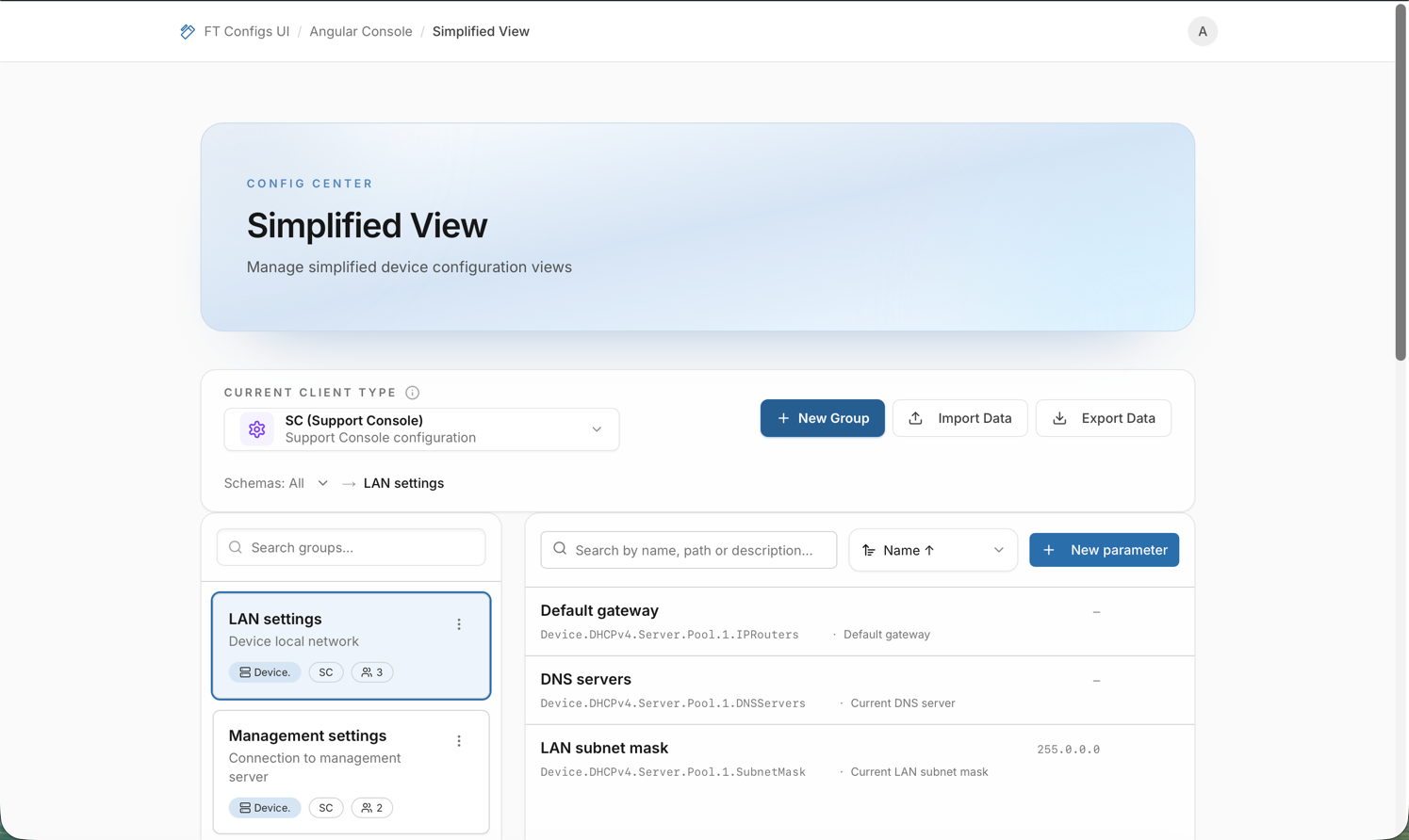Simplified View module: schemas (root paths), groups, items, import and export (placeholder)