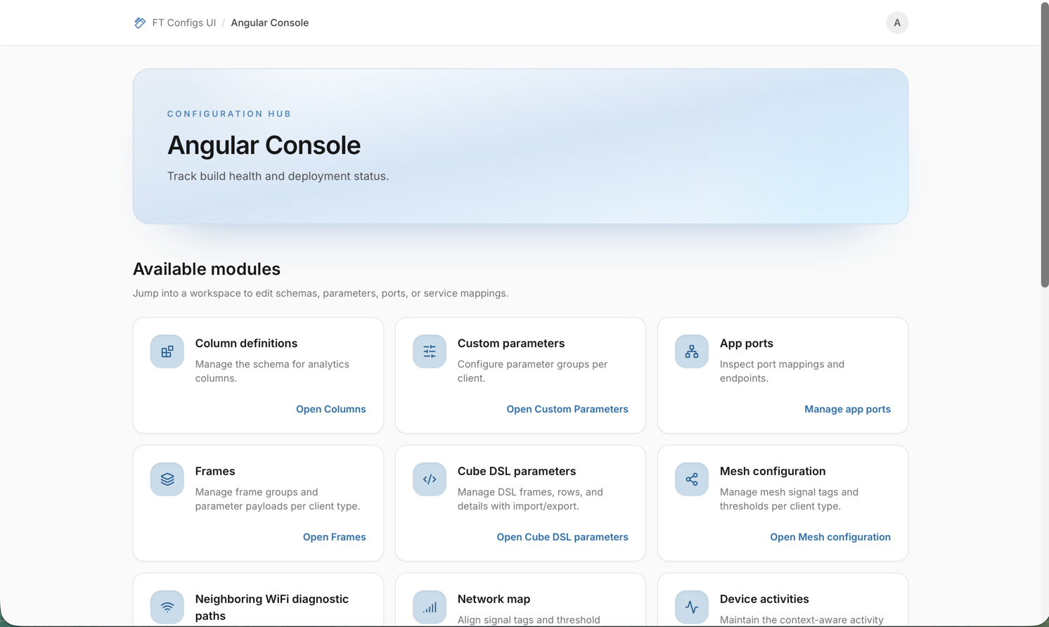 Angular Console dashboard with available configuration modules (placeholder)