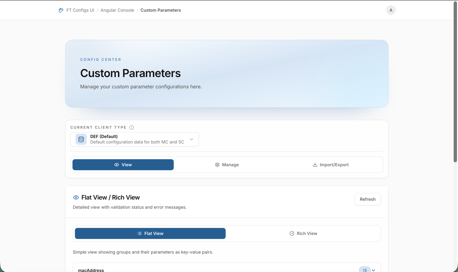 Custom Params module: View, Manage, Import/Export tabs (placeholder)