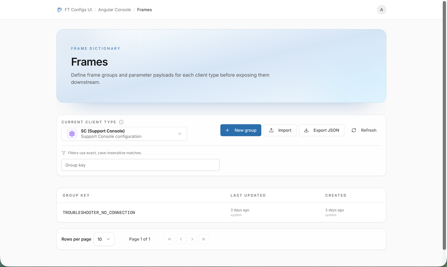 Frames module: groups, parameters, import and export (placeholder)