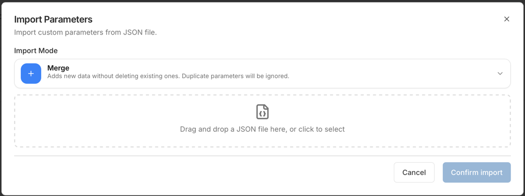 Import dialog with mode selector and dry-run preview (placeholder)