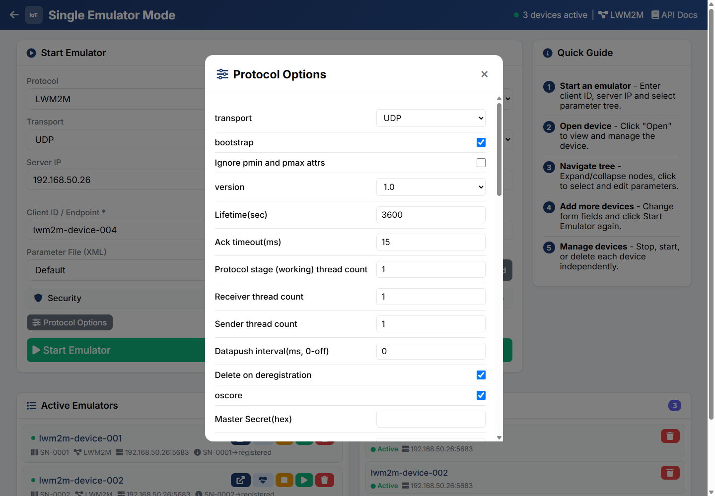 Protocol options dialog