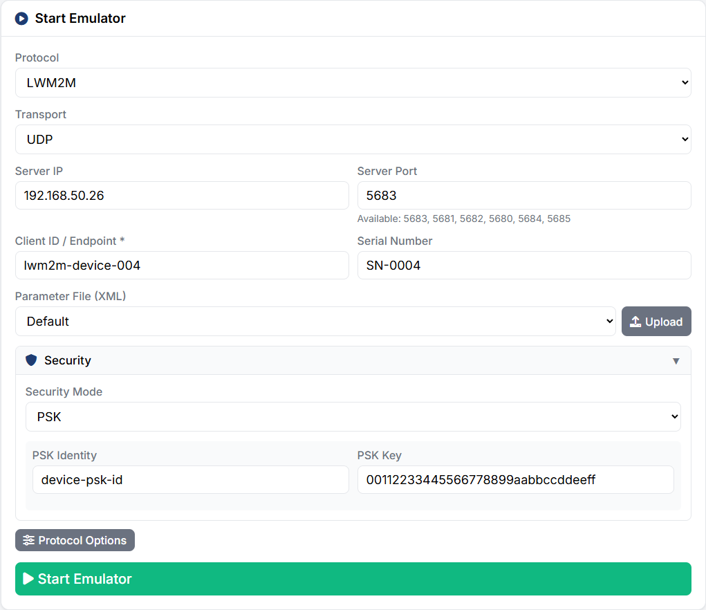 Start Emulator form with the Security section expanded