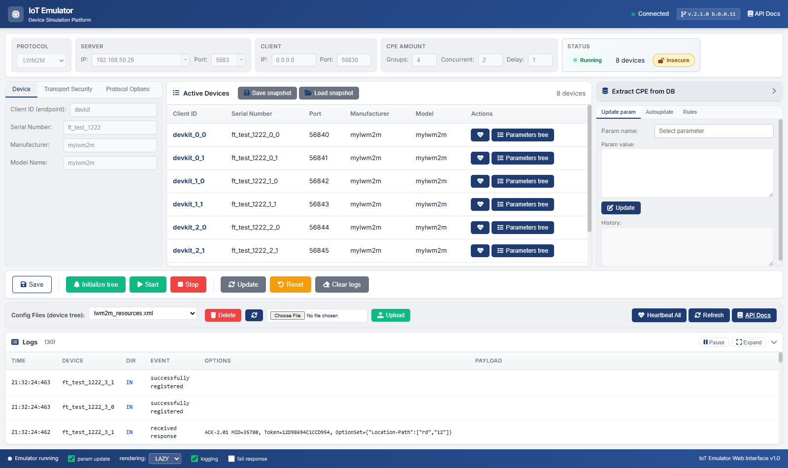 IoT Emulator web interface in Load Test mode