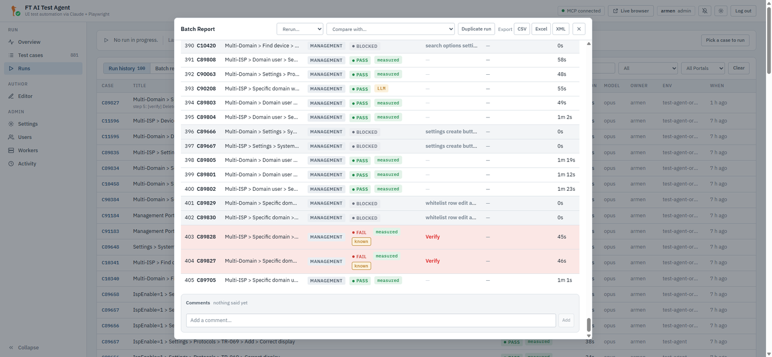 The Notes & defects column on every result row — empty here — and the report’s Comments composer