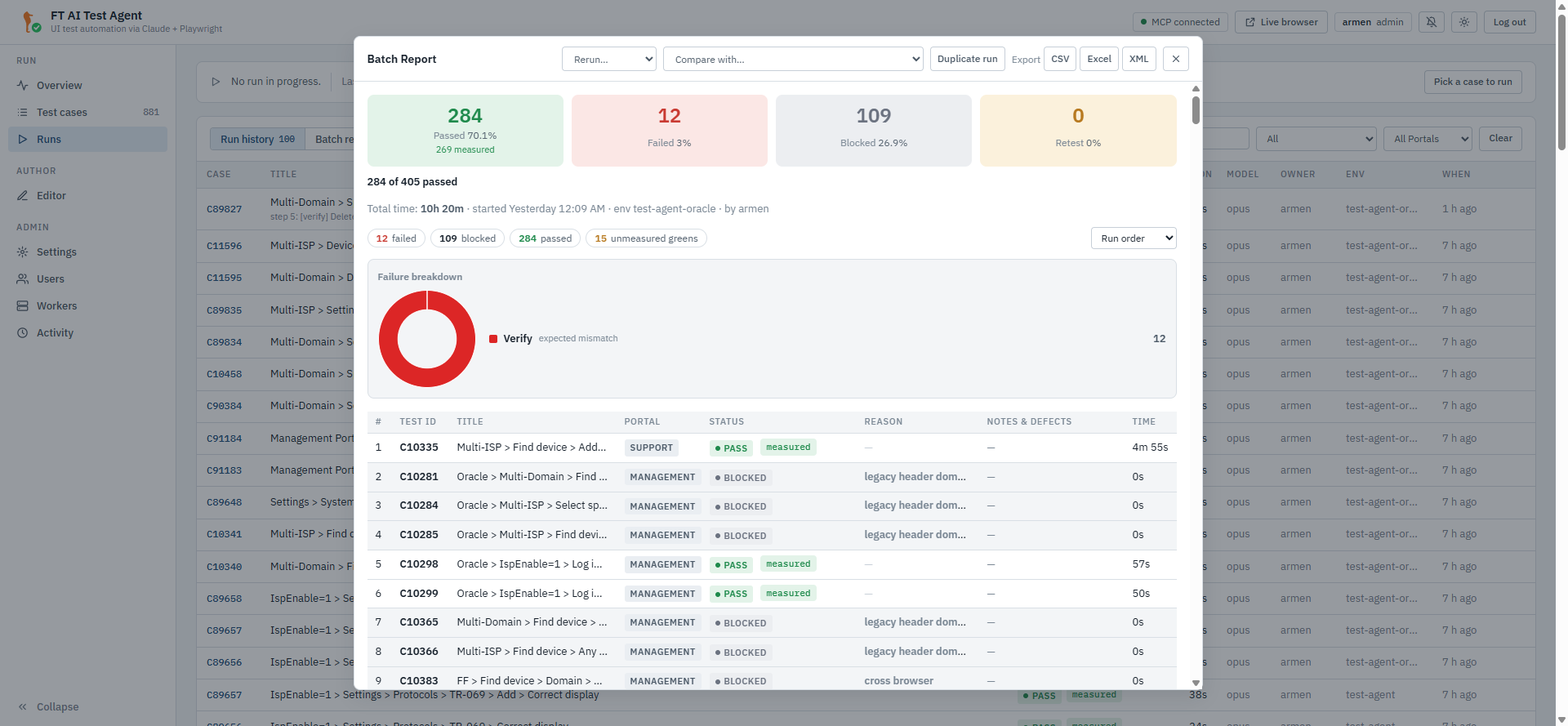 Batch report — summary tiles, verdict chips and the results table