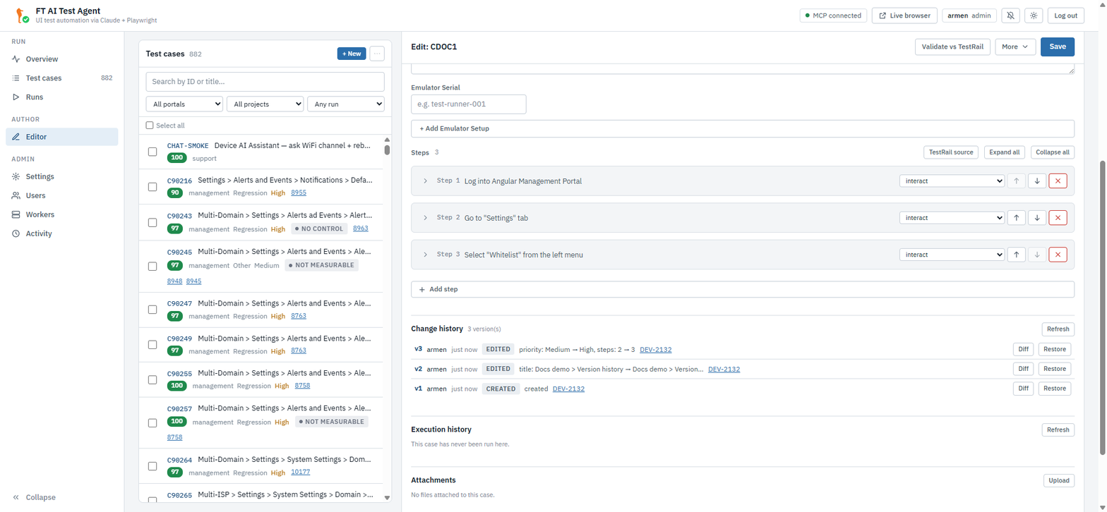 Editor — the Change history panel with its versions, diff and restore