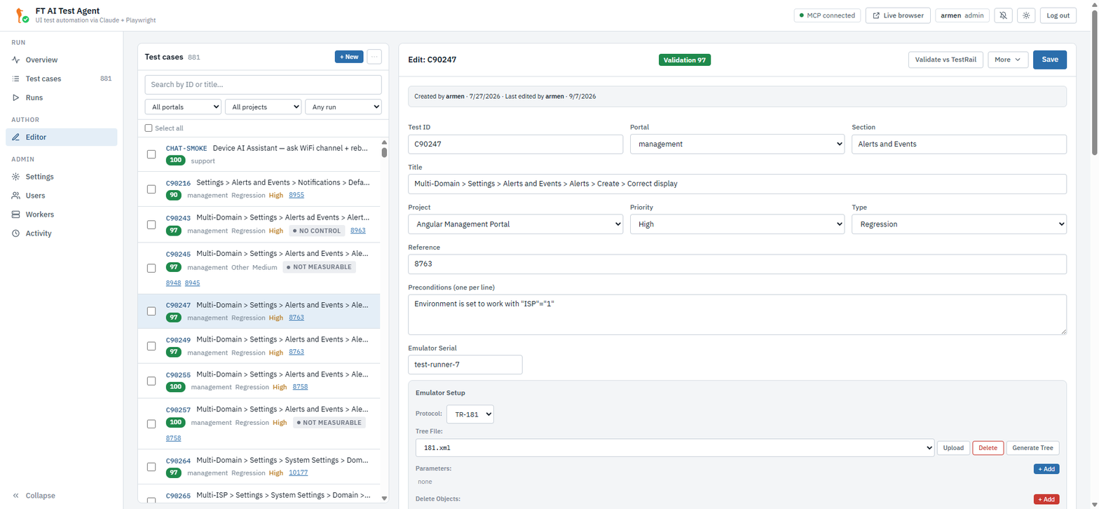 Editor — left list, form, and the TestRail source toggle