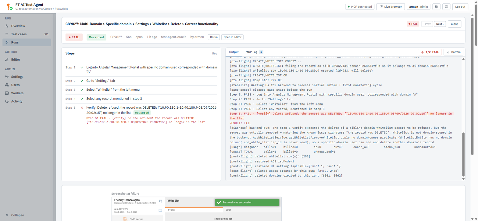 Run report side panel — steps with judges, output and MCP log
