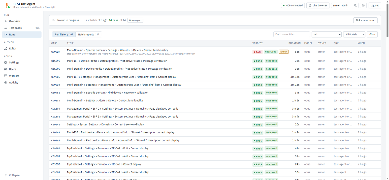 Runs — run history with verdict and judge, batch reports alongside