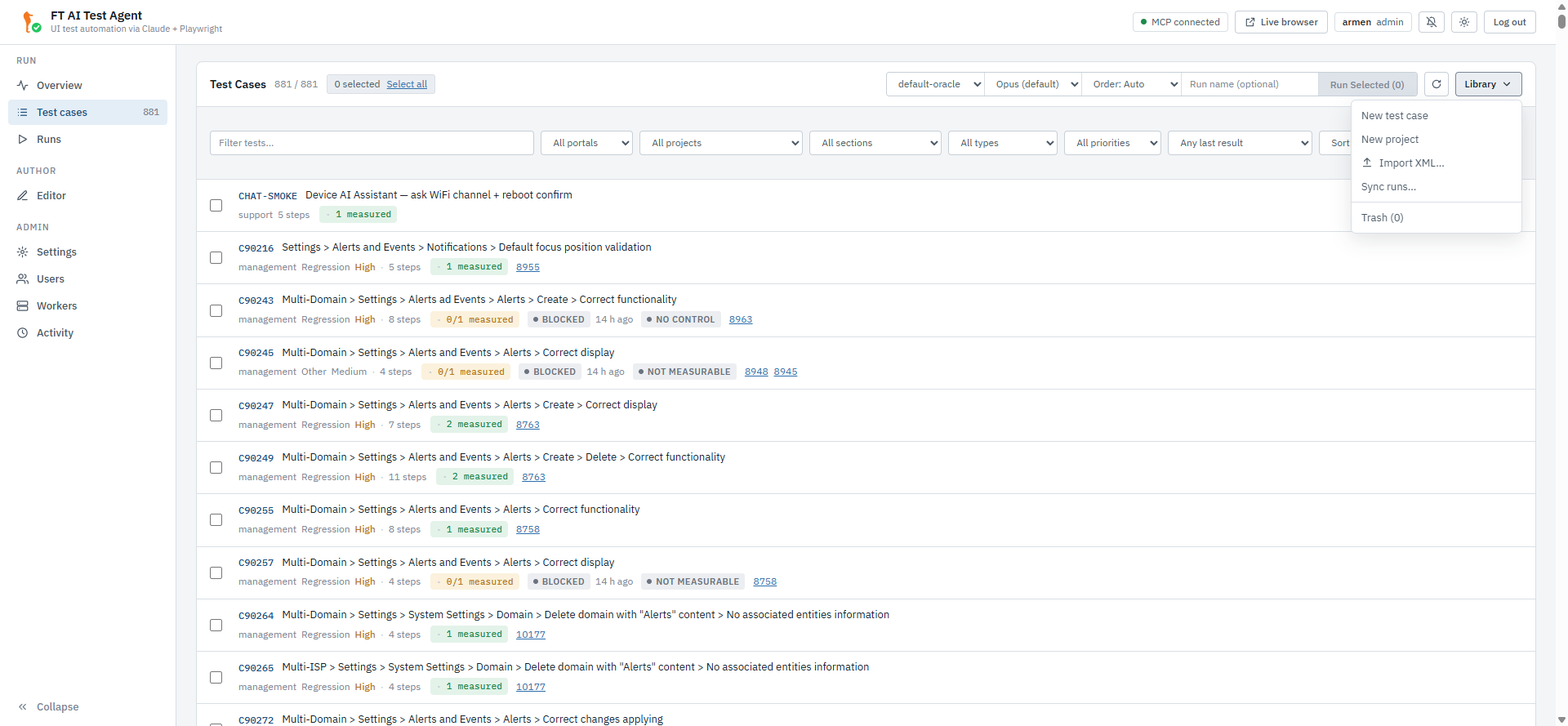 Test cases — the run bar, the Refresh icon and the open Library menu