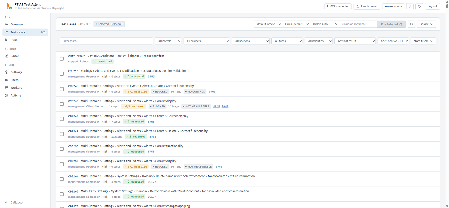 Test cases — header, run bar, filter row and the case list