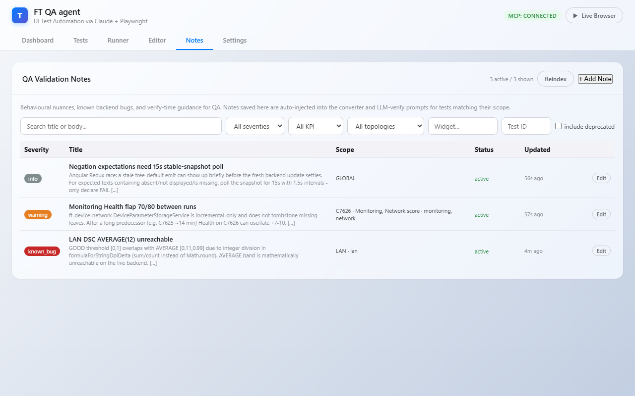 Notes tab — list view with three example notes