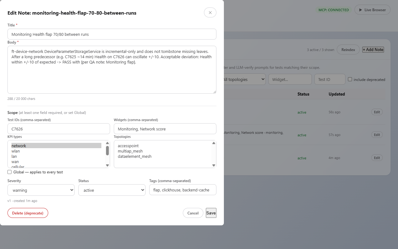 Notes editor modal — filled form