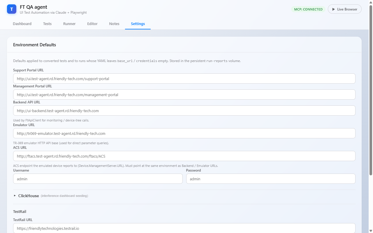 Settings tab — central environment-profile editor