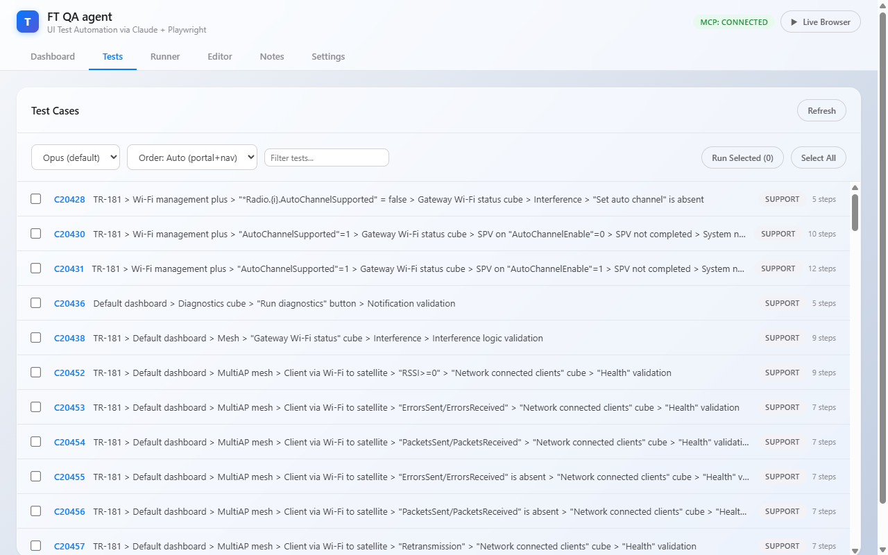 Tests tab — selectable list + Run Selected