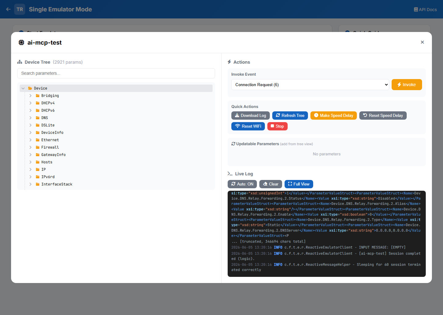 Single Mode — device detail view with parameter tree and live log