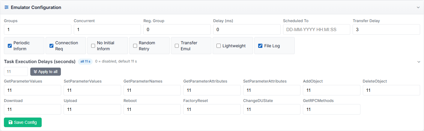 Emulator Configuration — Task Execution Delays expanded